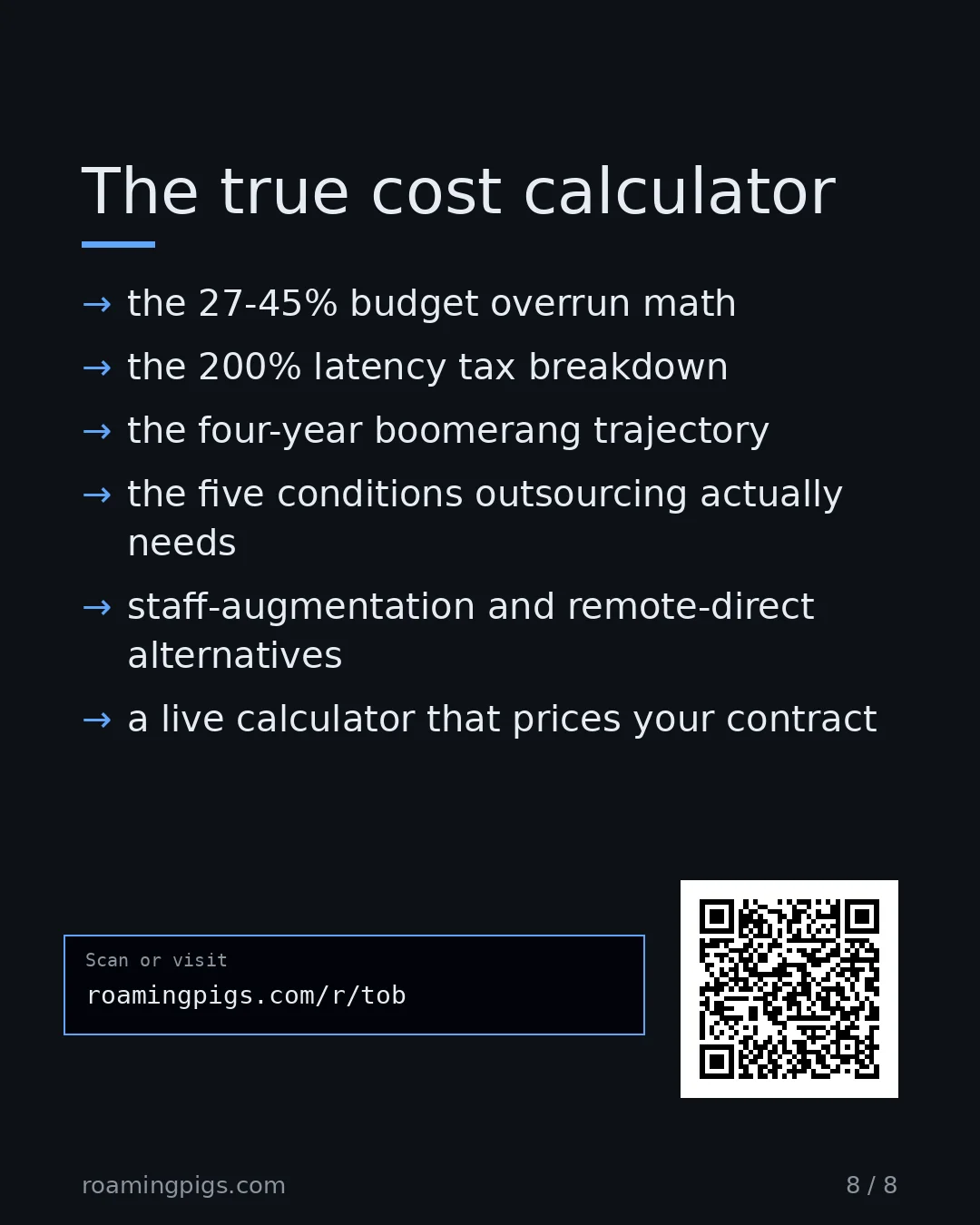 Slide 8 of 8: Call to action: the 40-60% hidden-cost uplift math the 200% latency tax breakdown the four-year boomerang trajectory the five conditions…