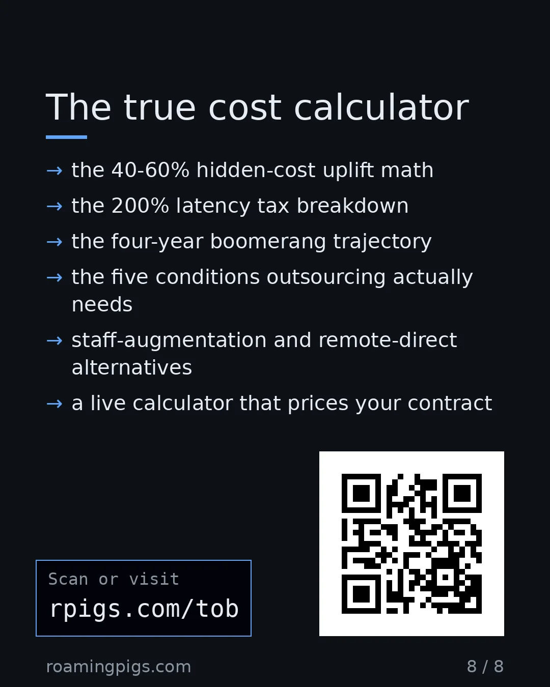 Slide 8 of 8: Call to action: the 40-60% hidden-cost uplift math the 200% latency tax breakdown the four-year boomerang trajectory the five conditions…