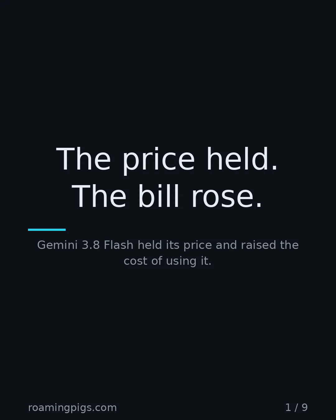 Slide 1 of 9: The price held. The bill rose.. Gemini 3.8 Flash held its price and raised the cost of using it