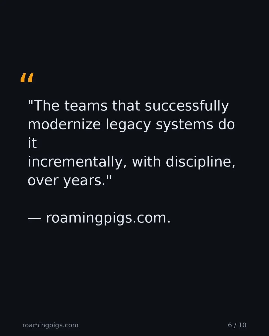 Slide 6 of 10: Quote: "The teams that successfully modernize legacy systems do it incrementally, with discipline, over years." — roamingpigs.com