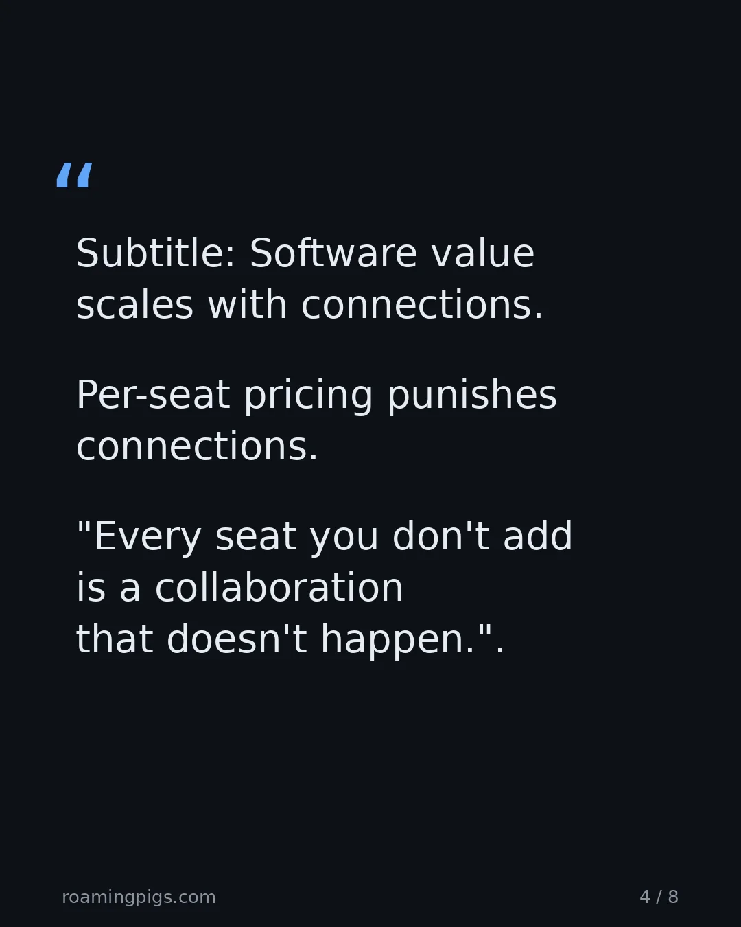Slide 4 of 8: Quote: "Every seat you don't add is a collaboration that doesn't happen." Software value scales with connections. Per-seat pricing punishes…