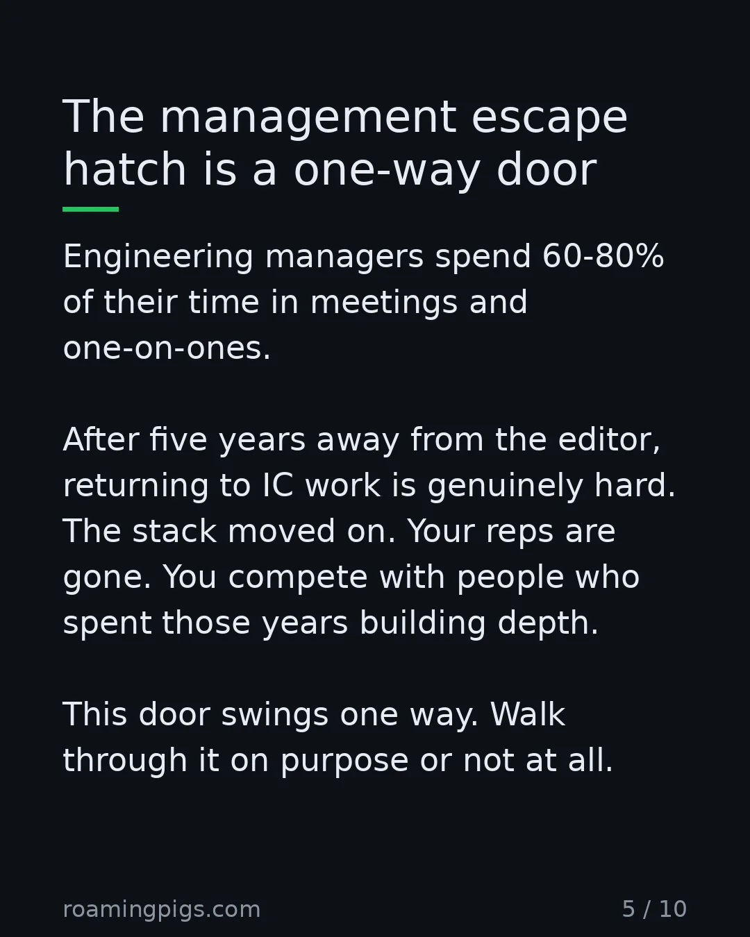 Slide 5 of 10: The management escape hatch is a one-way door. Engineering managers spend 60-80% of their time in meetings and one-on-ones. After five…