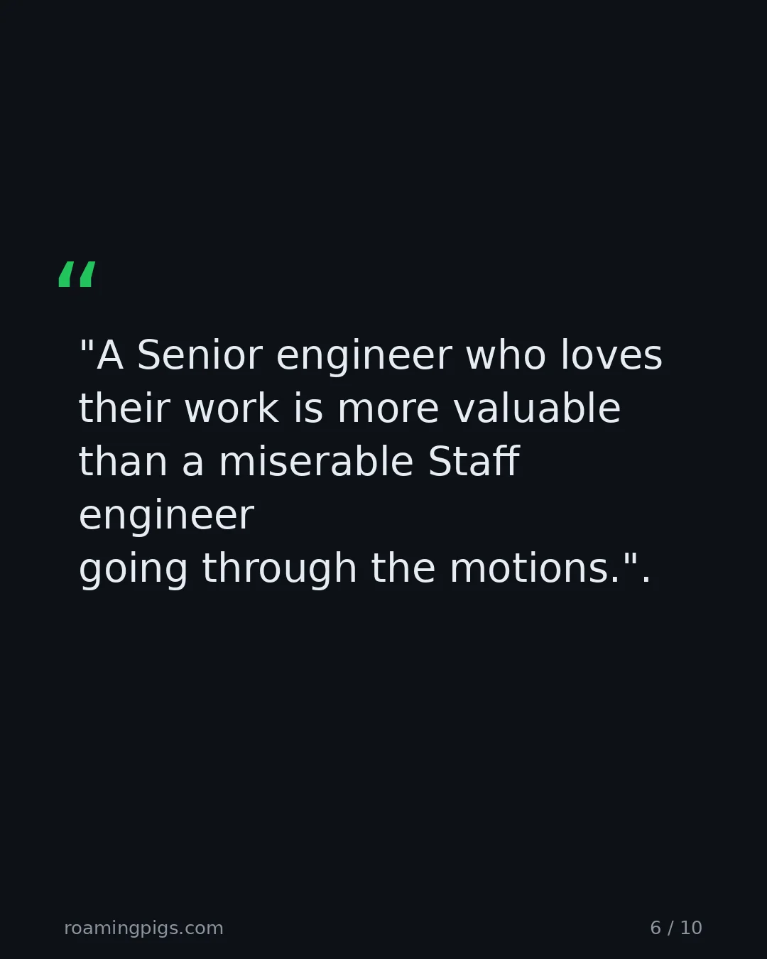 Slide 6 of 10: Quote: "A Senior engineer who loves their work is more valuable than a miserable Staff engineer going through the motions."