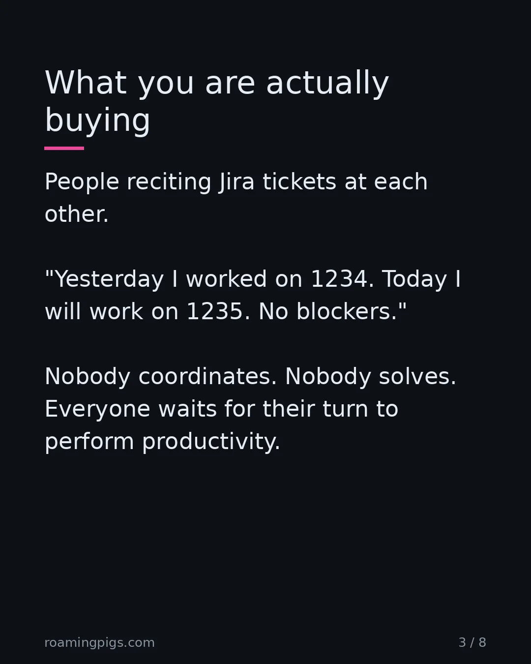 Slide 3 of 8: What you are actually buying. People reciting Jira tickets at each other. "Yesterday I worked on 1234. Today I will work on 1235. No…