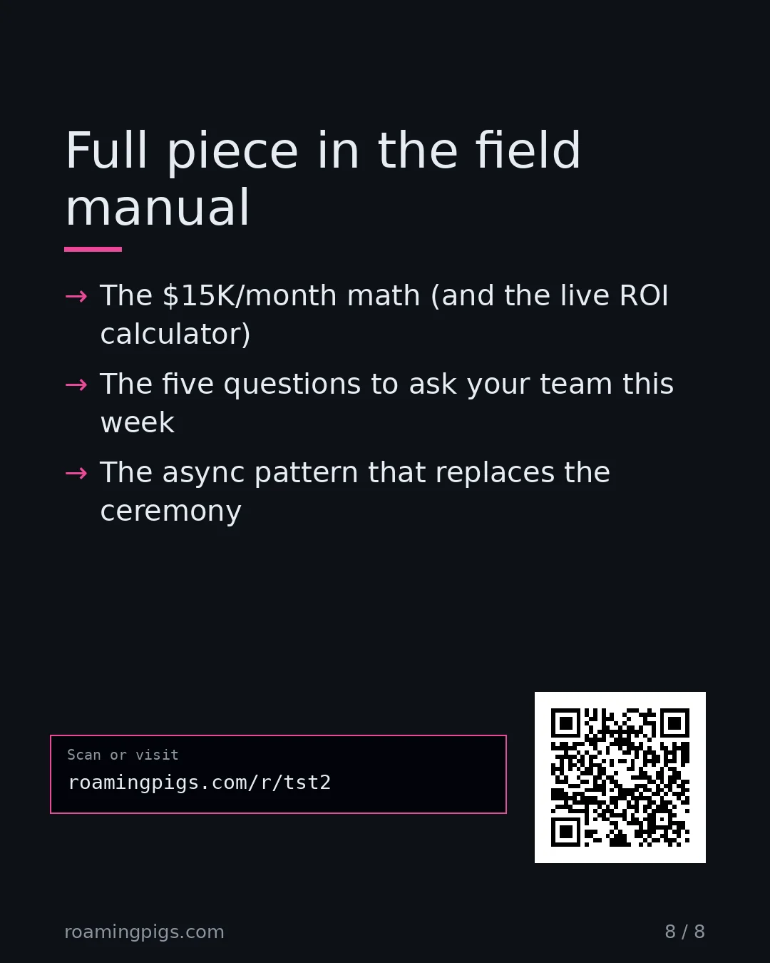 Slide 8 of 8: Call to action: The $15K/month math (and the live ROI calculator) The five questions to ask your team this week The async pattern that…