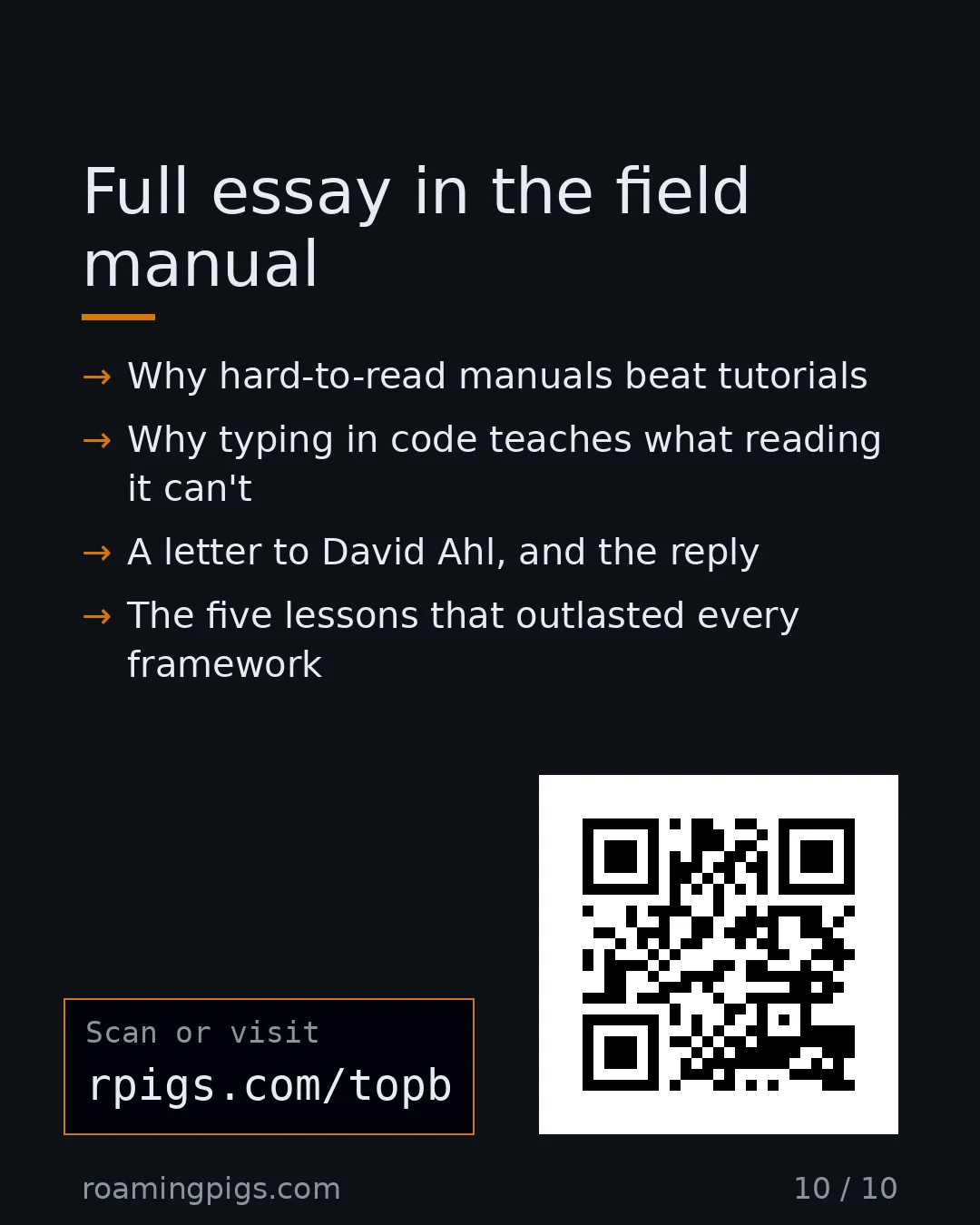 Slide 10 of 10: Call to action: Why hard-to-read manuals beat tutorials Why typing in code teaches what reading it can't A letter to David Ahl, and the…