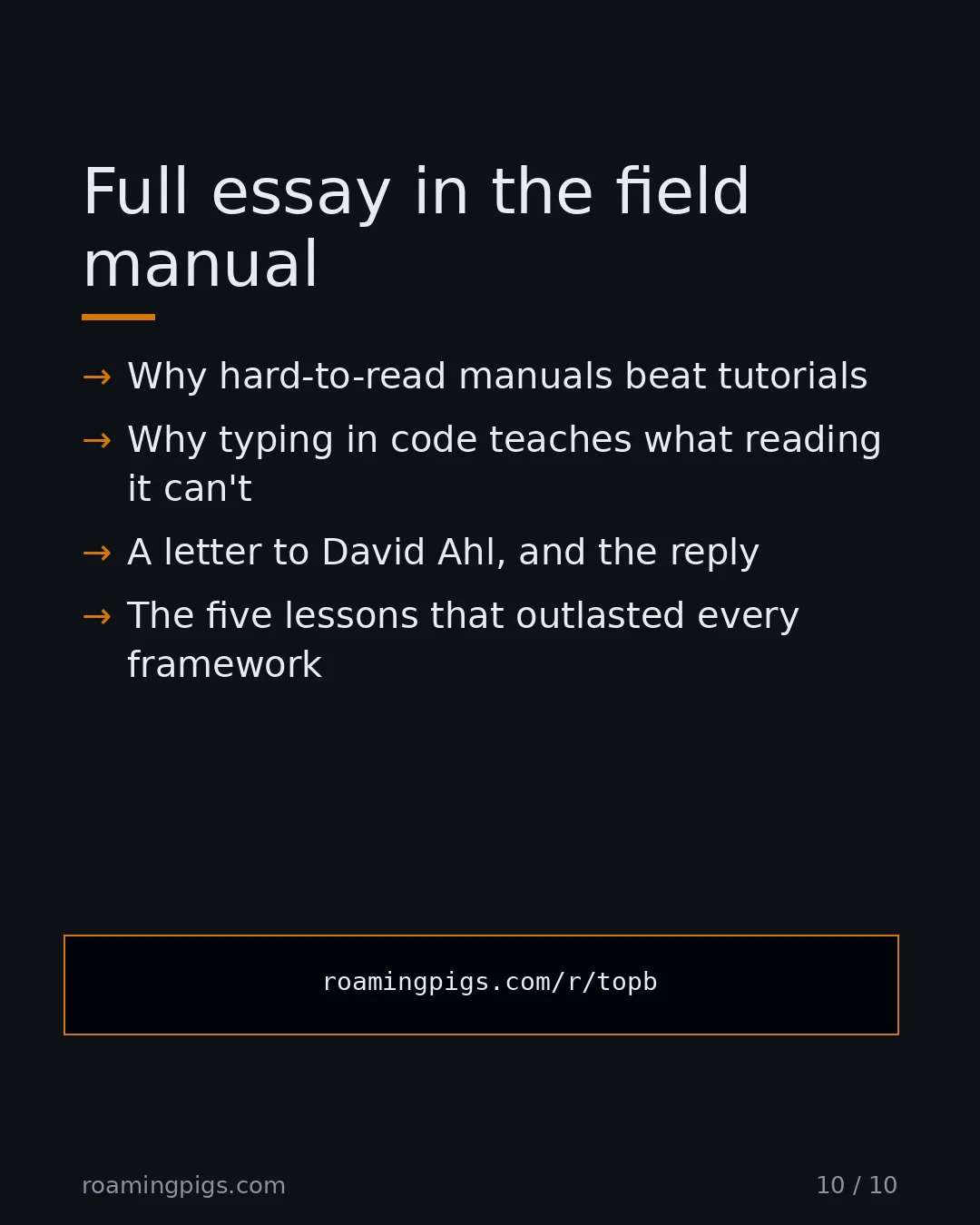 Slide 10 of 10: Call to action: Why hard-to-read manuals beat tutorials Why typing in code teaches what reading it can't A letter to David Ahl, and the…