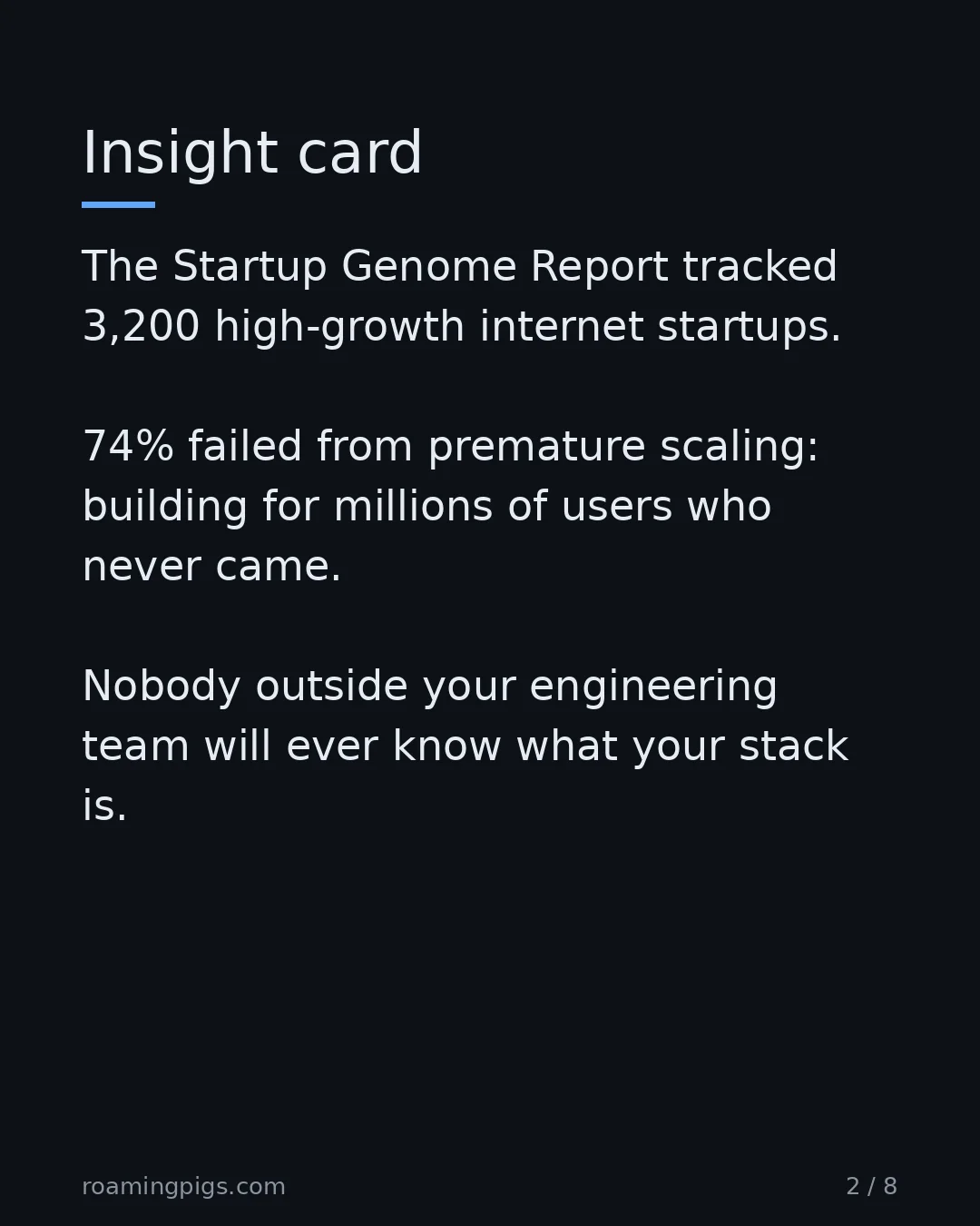 Slide 2 of 8: 74% of high-growth startups die from premature scaling. The Startup Genome Report tracked 3,200 high-growth internet startups. 74% failed…