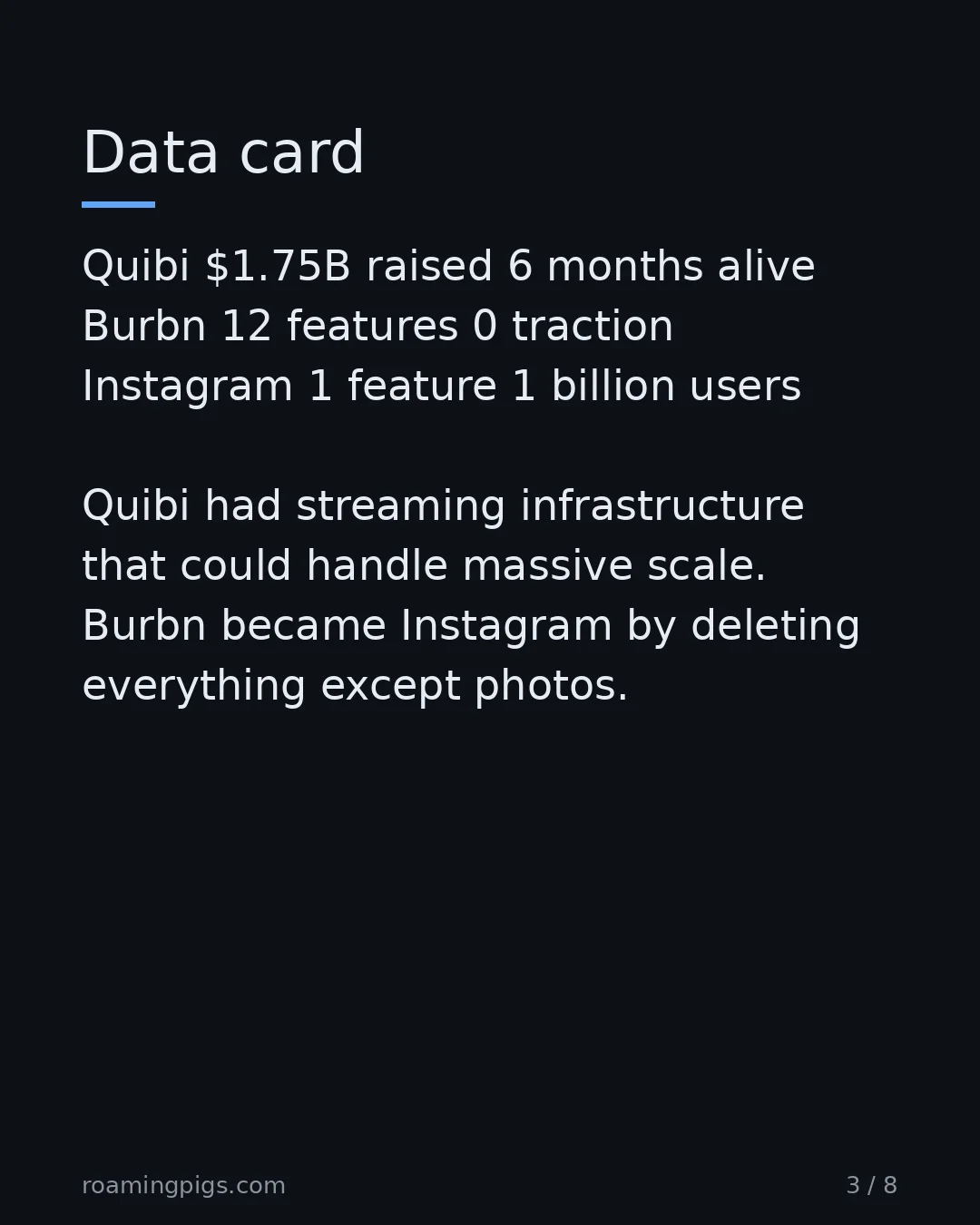 Slide 3 of 8: The graveyard of beautiful designs. Quibi $1.75B raised 6 months alive Burbn 12 features 0 traction Instagram 1 feature 1 billion users…