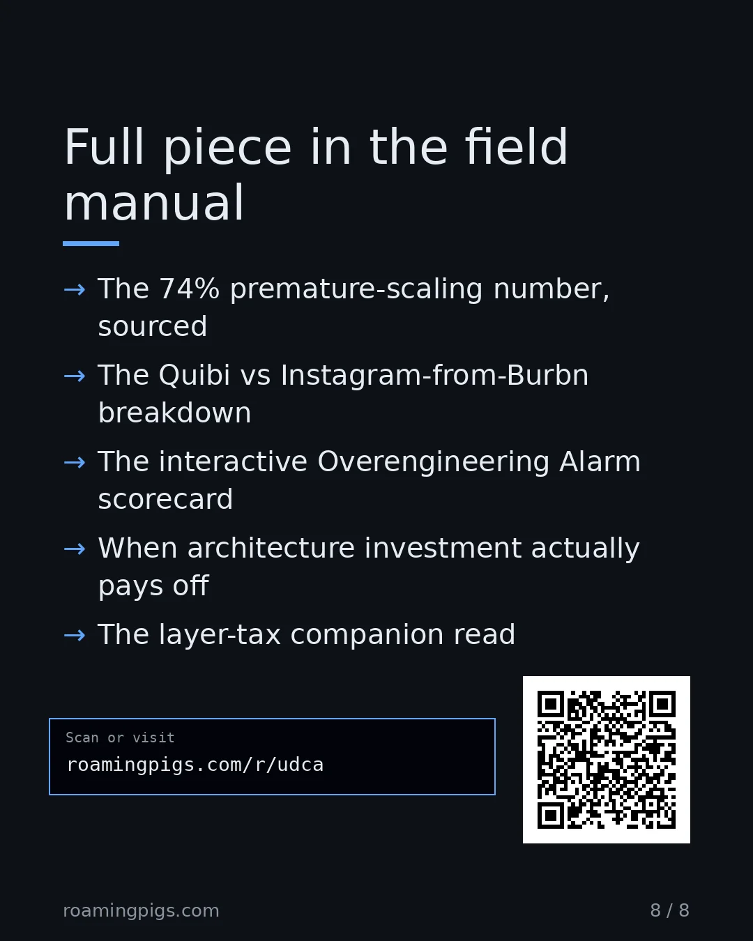 Slide 8 of 8: Call to action: The 74% premature-scaling number Quibi vs Instagram-from-Burbn The Overengineering Alarm scorecard rpigs.com/udca Link:…