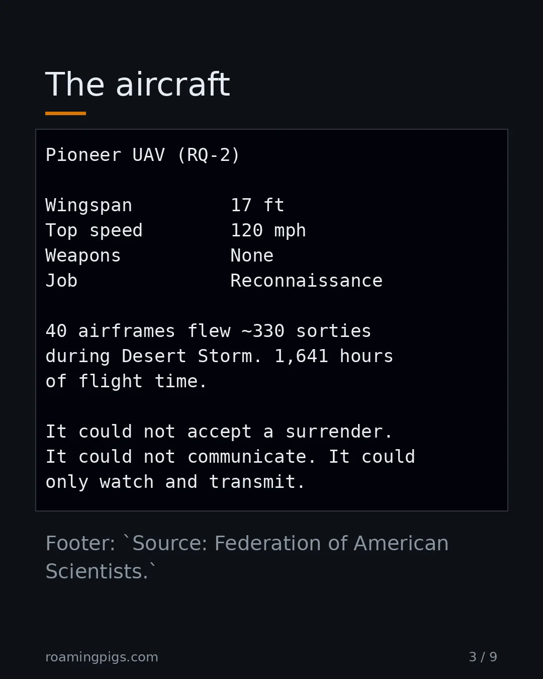 Slide 3 of 9: The aircraft. Code example. Footer: Source: Federation of American Scientists