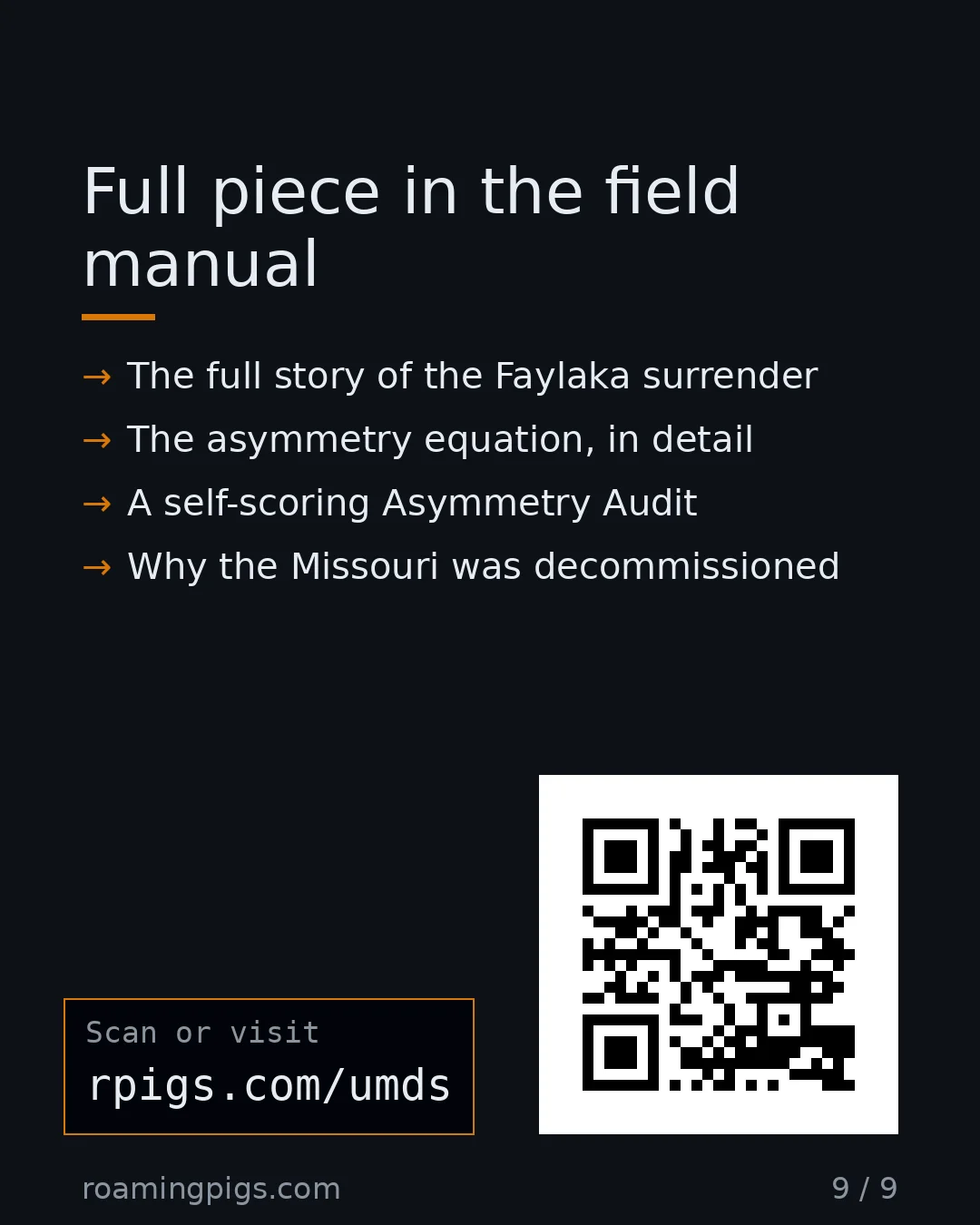 Slide 9 of 9: Call to action: The full story of the Faylaka surrender The asymmetry equation, in detail A self-scoring Asymmetry Audit Why the Missouri…