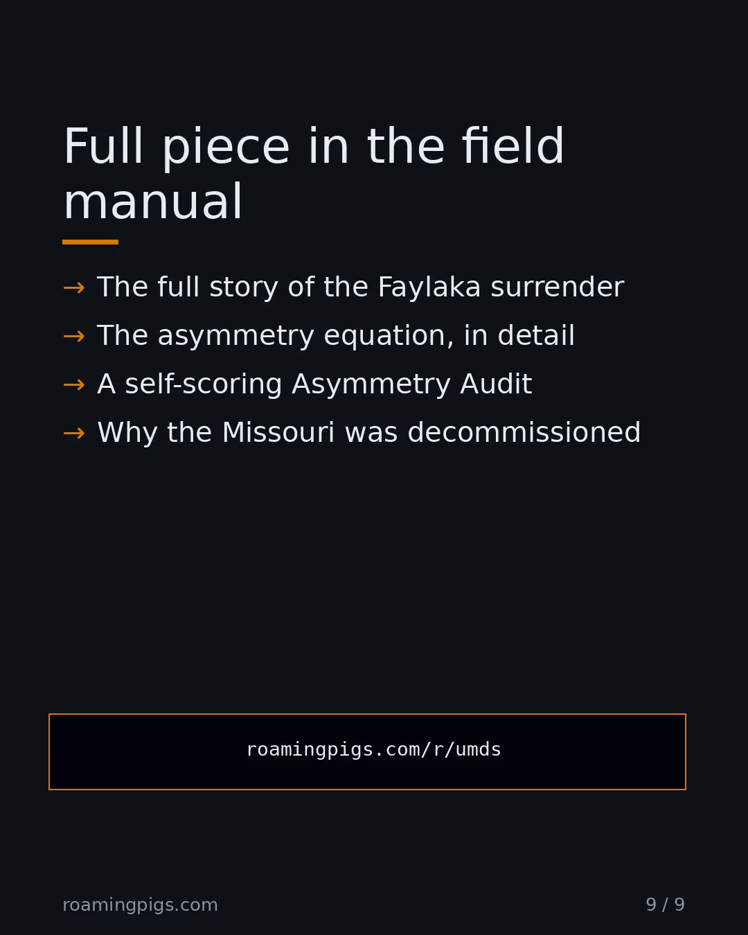 Slide 9 of 9: Call to action: The full story of the Faylaka surrender The asymmetry equation, in detail A self-scoring Asymmetry Audit Why the Missouri…