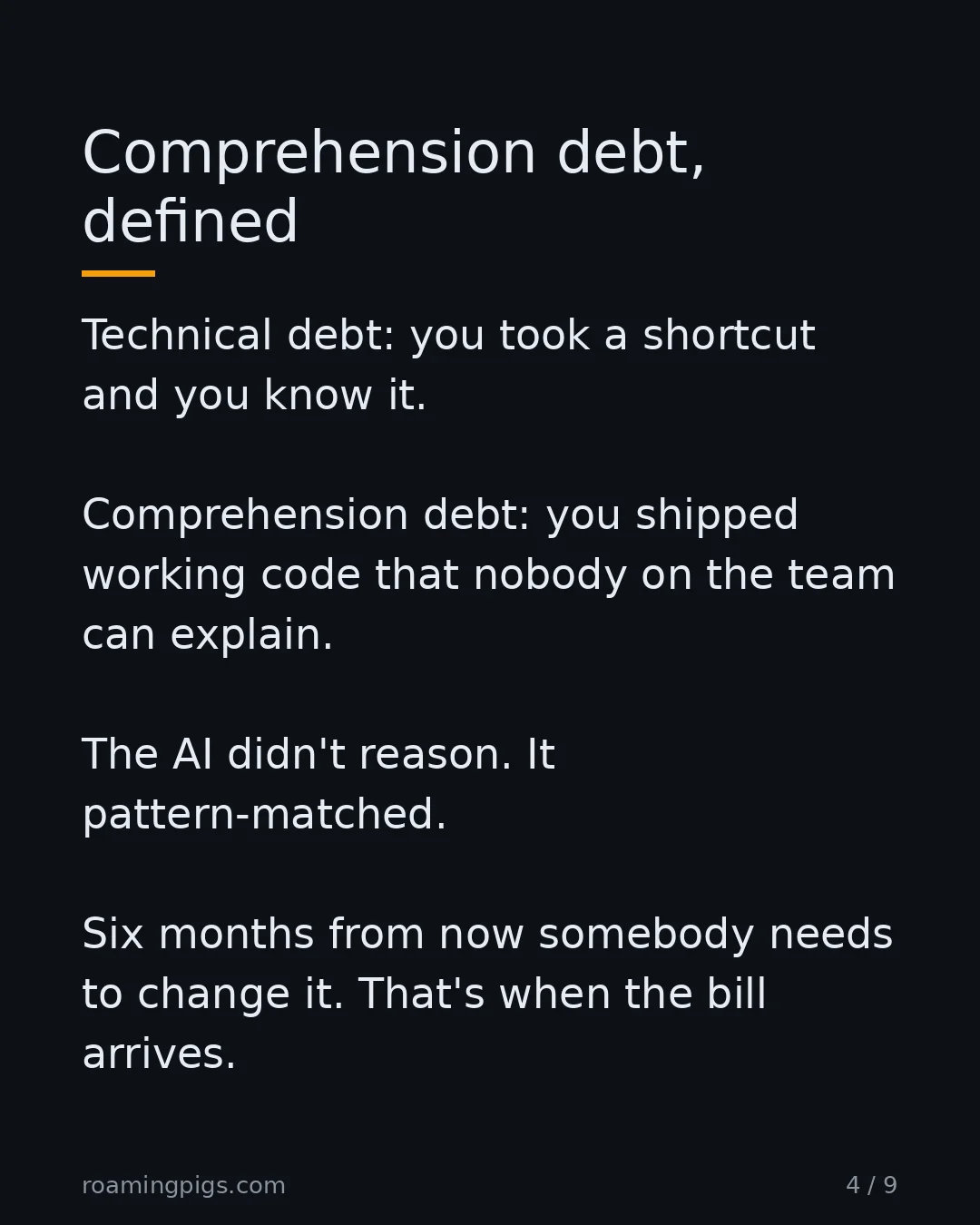 Slide 4 of 9: The future cost to understand, modify, and debug code you didn't write. Technical debt: you took a shortcut and you know it. Comprehension…