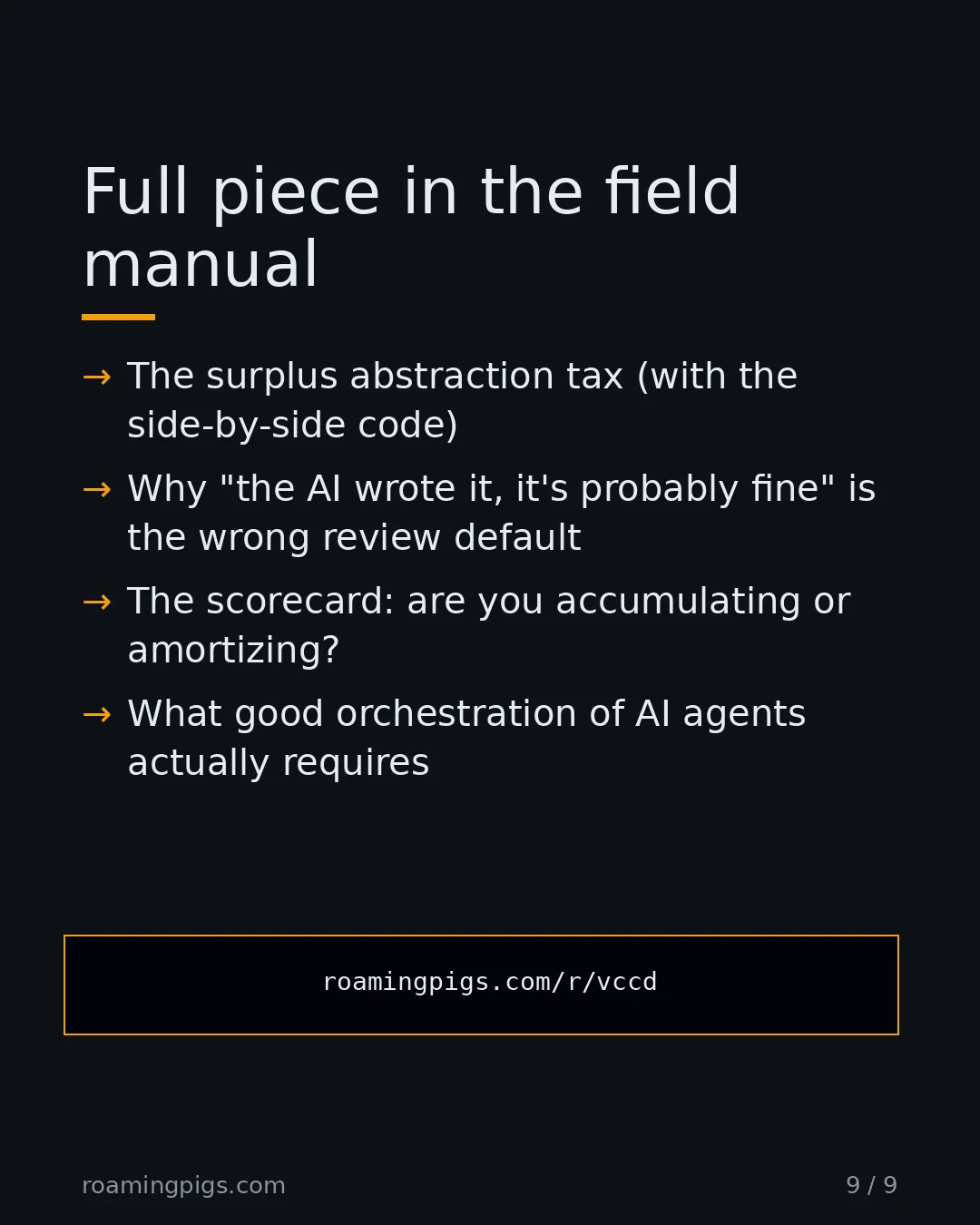 Slide 9 of 9: Call to action: The surplus abstraction tax (with the side-by-side code) Why "the AI wrote it, it's probably fine" is the wrong review…