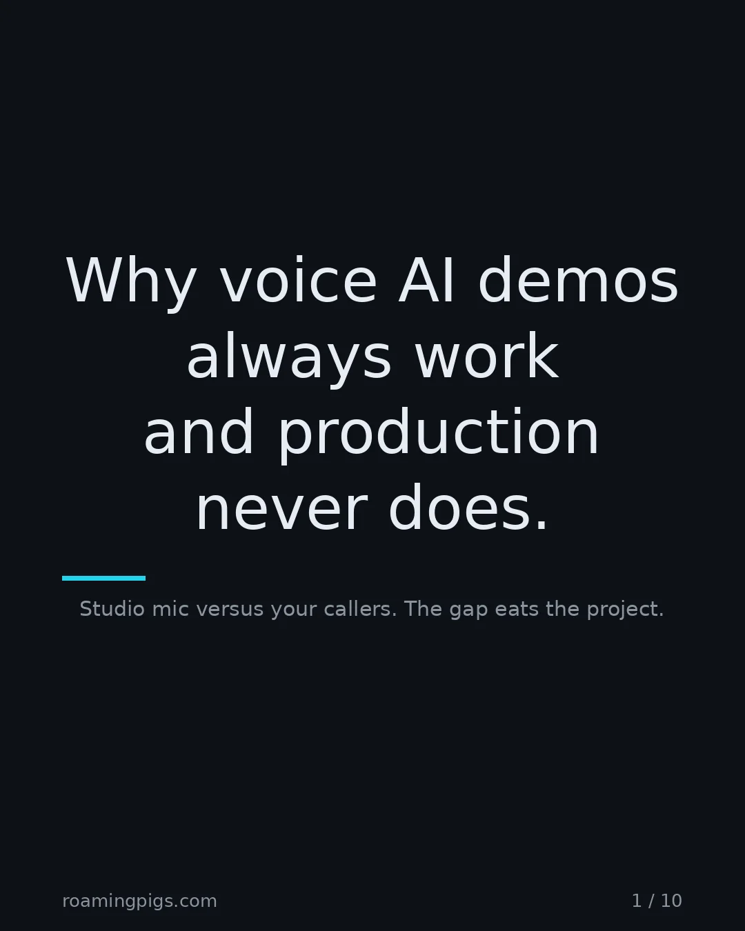Slide 1 of 10: Why voice AI demos always work and production never does.. Studio mic versus your callers. The gap eats the project
