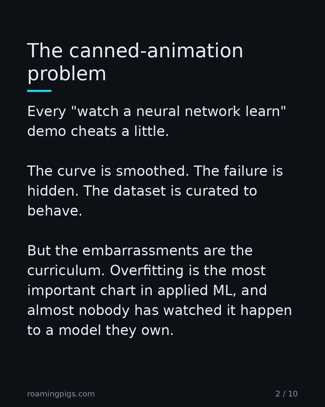 Slide 2 of 10: The canned-animation problem. Every "watch a neural network learn" demo cheats a little. The curve is smoothed. The failure is hidden. The…