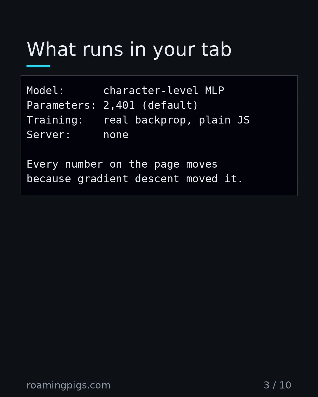Slide 3 of 10: What runs in your tab. Code example