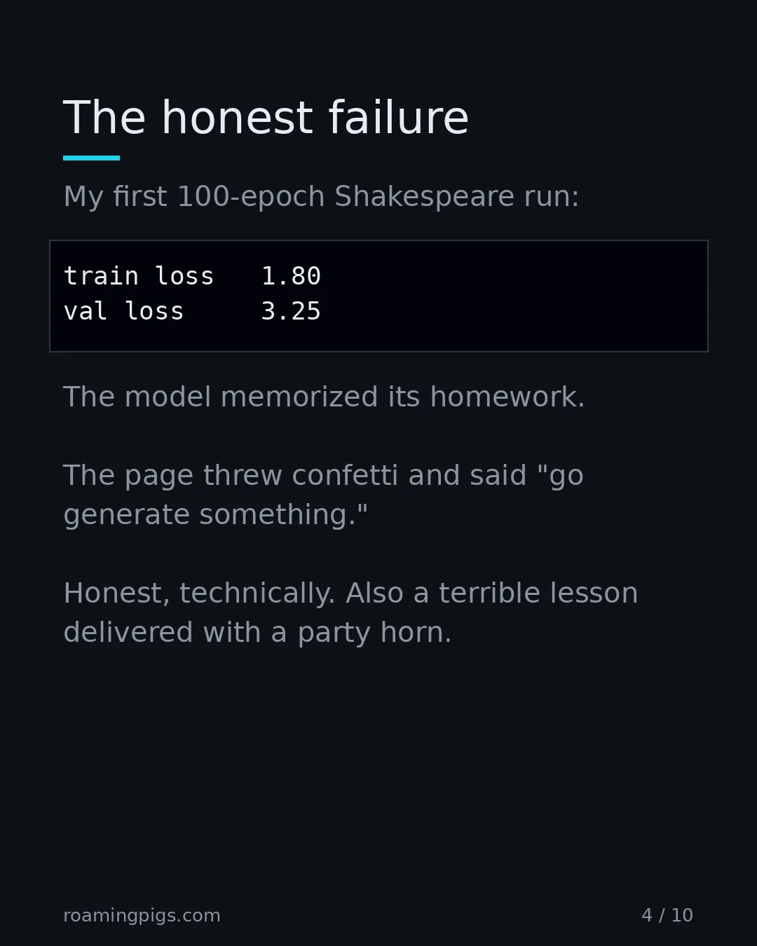 Slide 4 of 10: The honest failure. Code example. My first 100-epoch Shakespeare run: