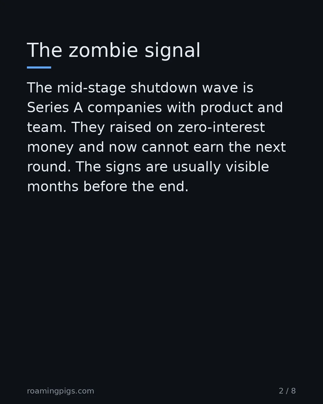 Slide 2 of 8: The zombie signal. The mid-stage shutdown wave is Series A companies with product and team. They raised on zero-interest money and now…