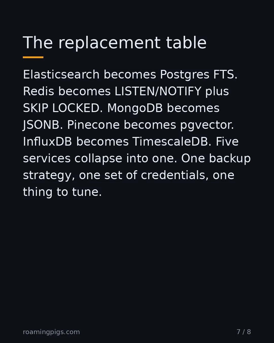 Slide 7 of 8: The replacement table. Elasticsearch becomes Postgres FTS. Redis becomes LISTEN/NOTIFY plus SKIP LOCKED. MongoDB becomes JSONB. Pinecone…