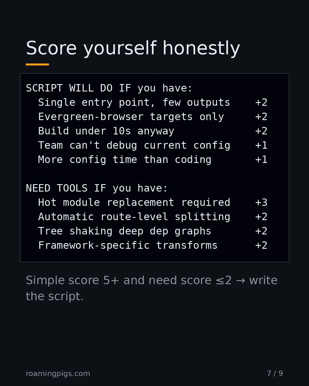 Slide 7 of 9: Score yourself honestly. Code example. Simple score 5+ and need score ≤2 → write the script