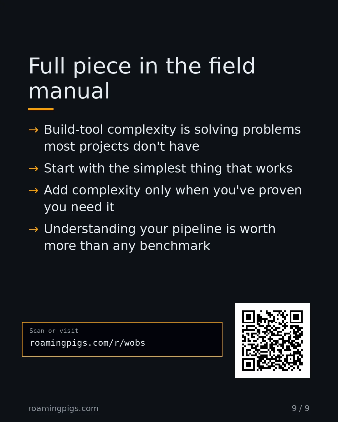 Slide 9 of 9: Call to action: The bottom line: Build-tool complexity is solving problems most projects don't have Start with the simplest thing that…