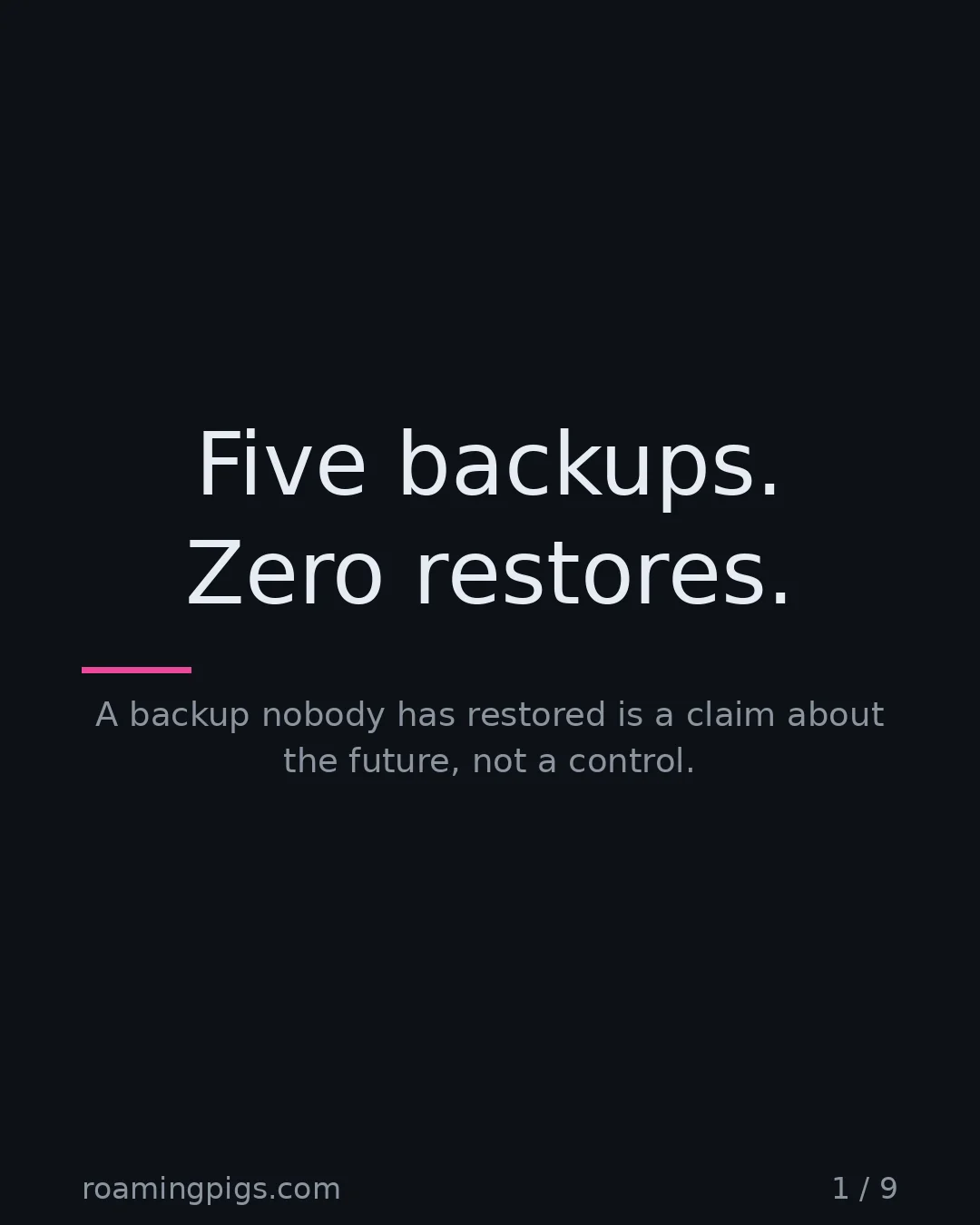 Slide 1 of 9: Five backups. Zero restores.. A backup nobody has restored is a claim about the future, not a control