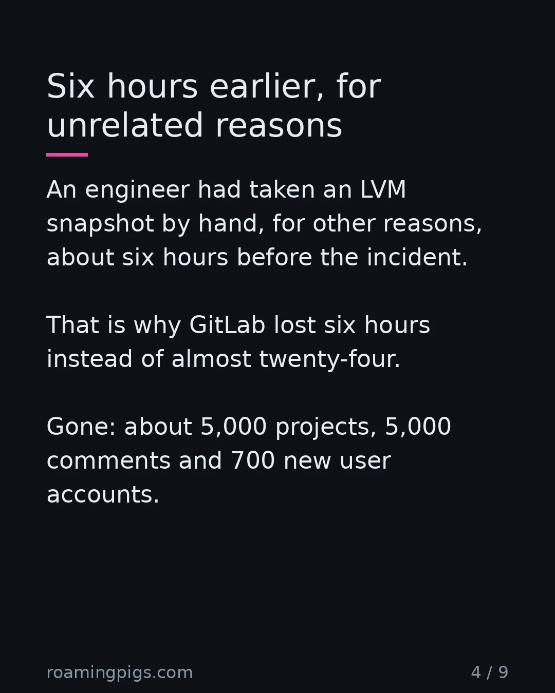 Slide 4 of 9: Six hours earlier, for unrelated reasons. An engineer had taken an LVM snapshot by hand, for other reasons, about six hours before the…