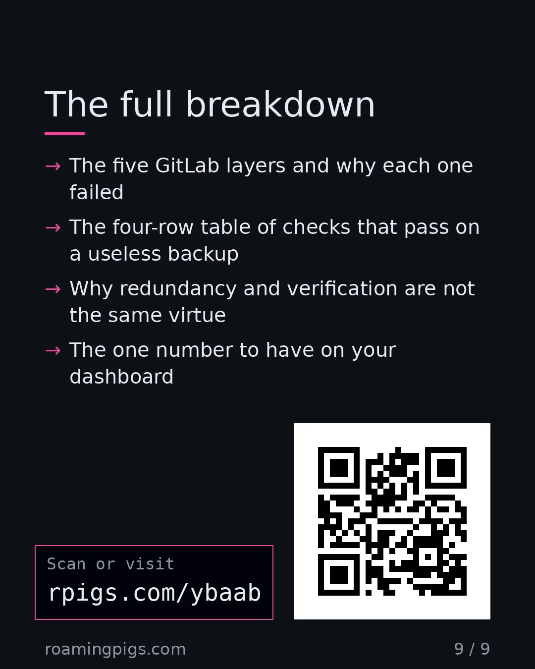 Slide 9 of 9: Call to action: The five GitLab layers and why each one failed The four-row table of checks that pass on a useless backup Why redundancy…