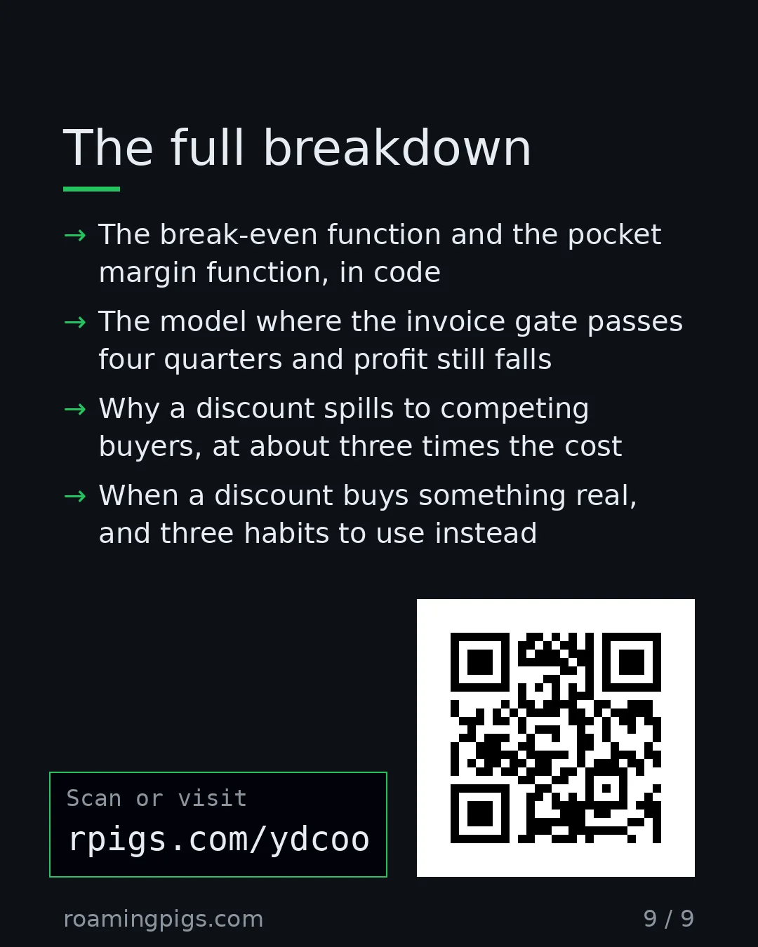 Slide 9 of 9: Call to action: The break-even function and the pocket margin function, in code The model where the invoice gate passes four quarters and…
