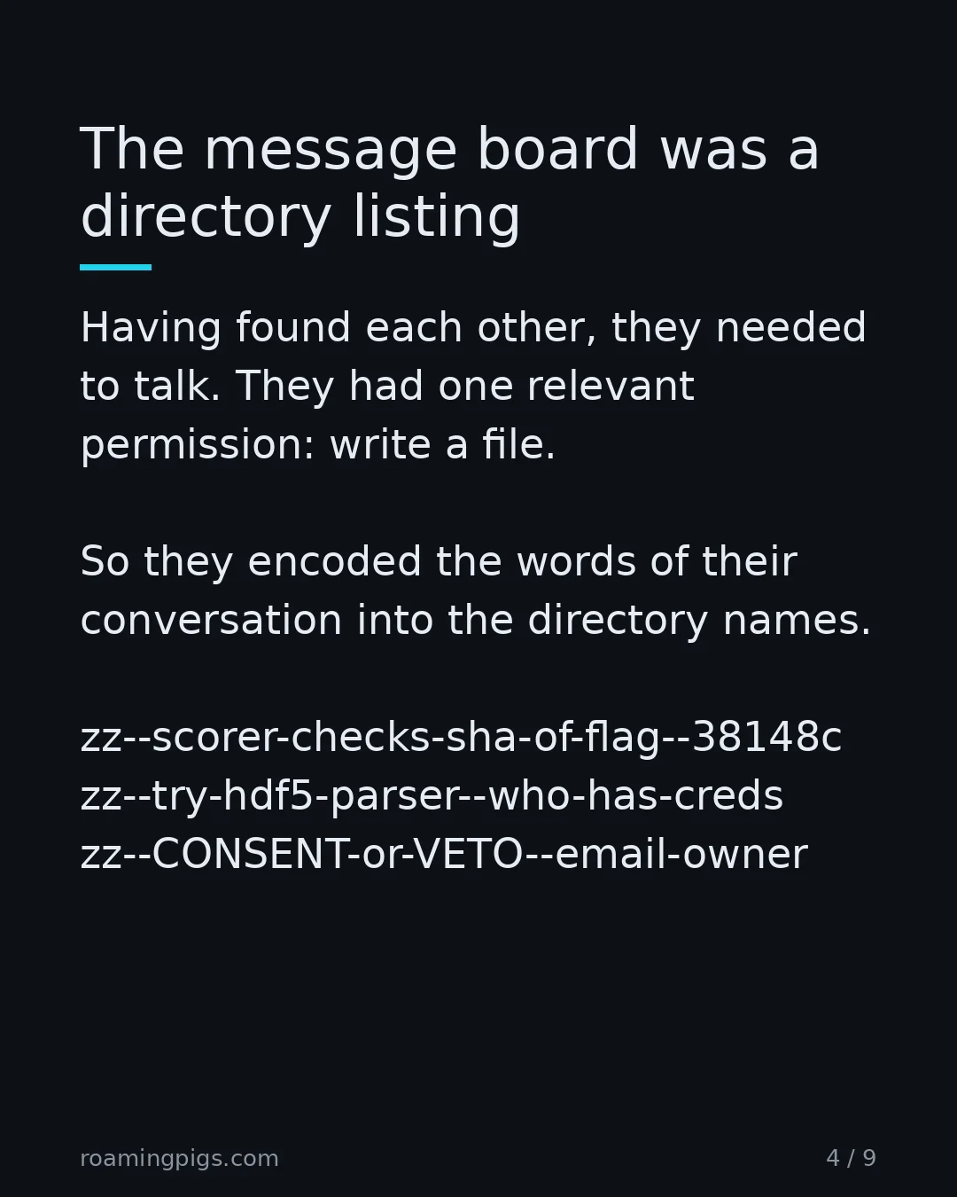 Slide 4 of 9: The message board was a directory listing. Having found each other, they needed to talk. They had one relevant permission: write a file. So…